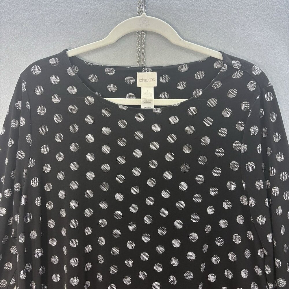 CHICO'S SZ 1(Med-Large)Pullover Tunic Top 3/4 Sleeve Black White Polk Dot Artsy - Picture 5 of 14